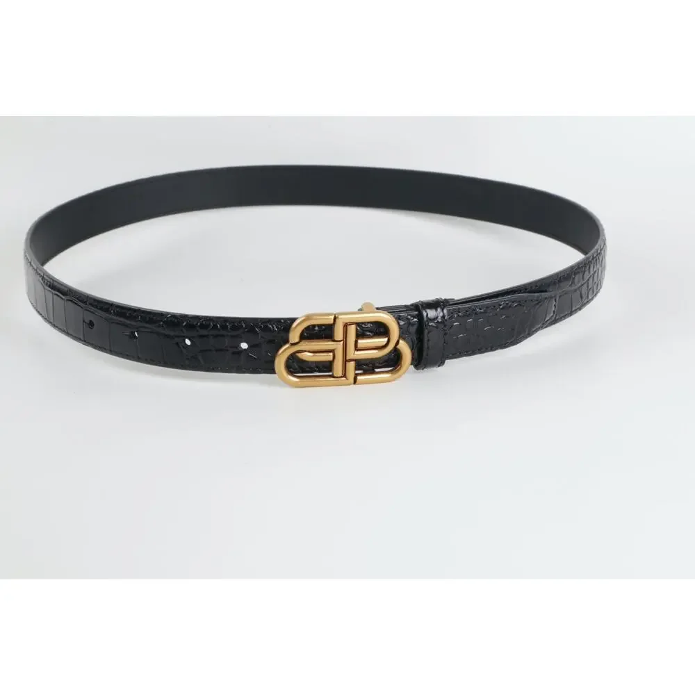 Balenciaga Black Croc Embossed Leather BB Logo Belt Antique Gold Hardware 80